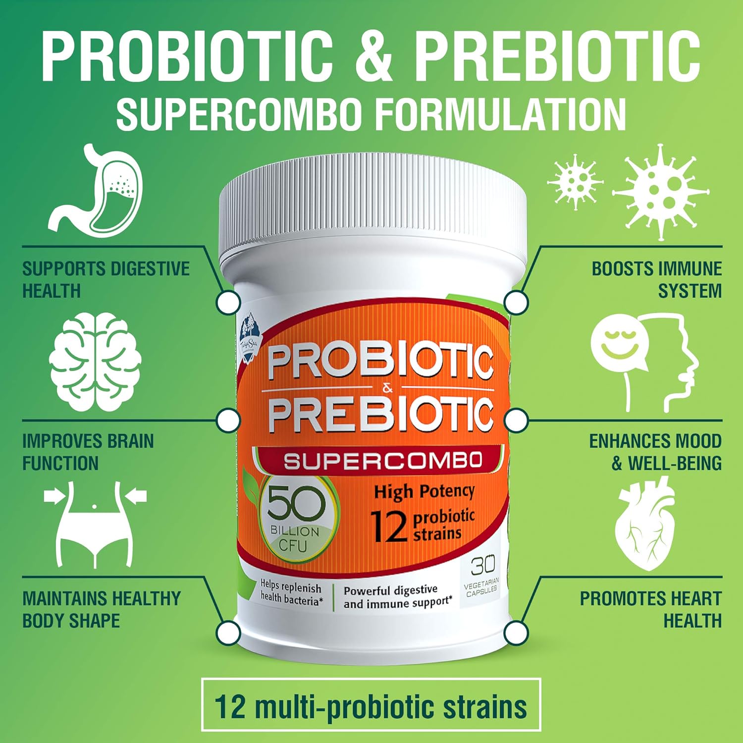 High Potency Prebiotic and Probiotic Supplement for Immune Support and Digestive Health - 30 Veggie Capsules, Non Refrigerated