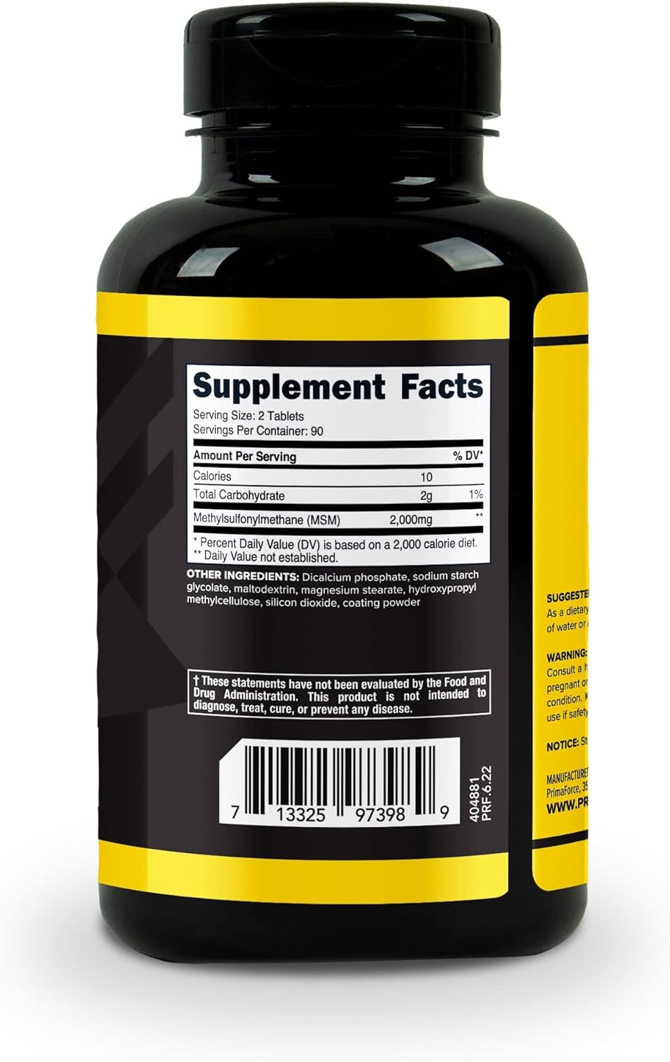 High-Potency Primaforce MSM Tablets, 2000mg, 180 Tablets, 90 Servings