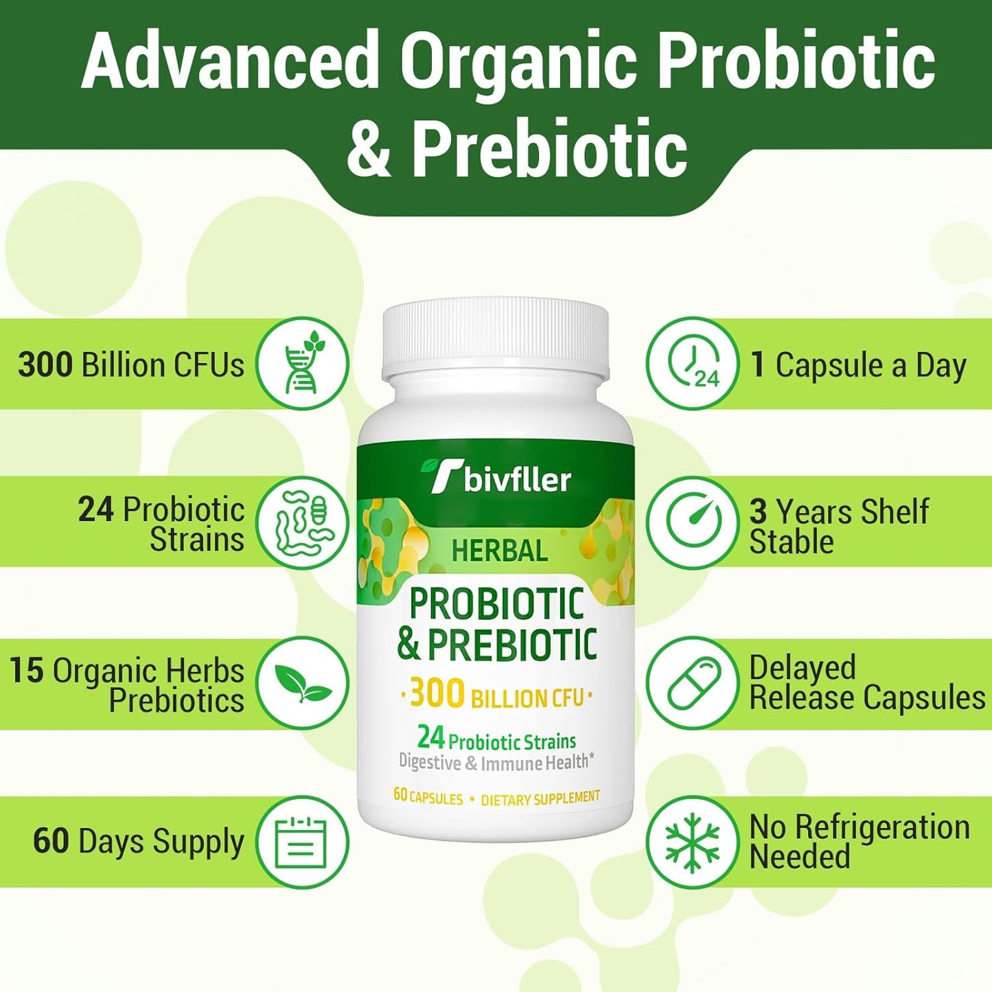 High Potency Probiotic Supplement for Digestive Health - 300 Billion CFU, 24 Strains + Organic Herbs, Immune Support, Vegan - 8 Month Supply