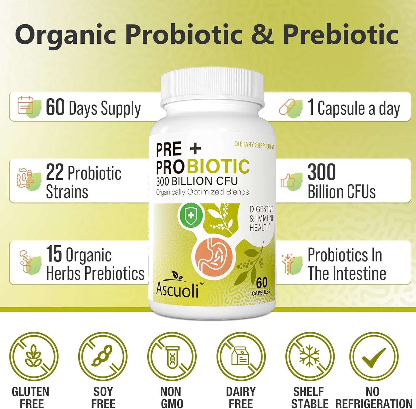 High-Potency Probiotic Supplement with Prebiotics for Digestive Health - 300 Billion CFU, 22 Strains, 15 Organic Herbs - 120 Capsules