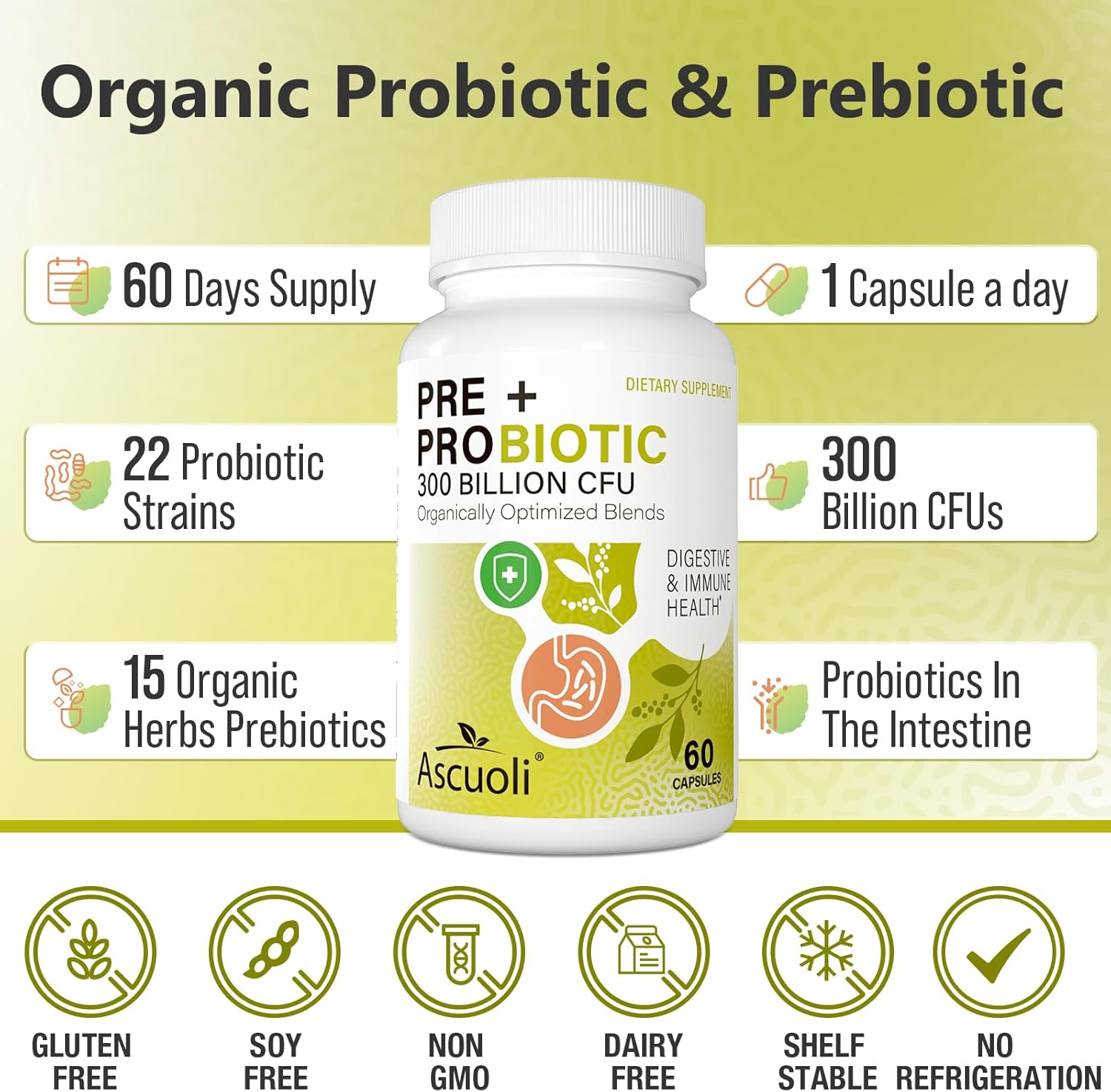 High-Potency Probiotic Supplement with Prebiotics for Digestive Health - 300 Billion CFU, 22 Strains, 15 Organic Herbs - 120 Capsules