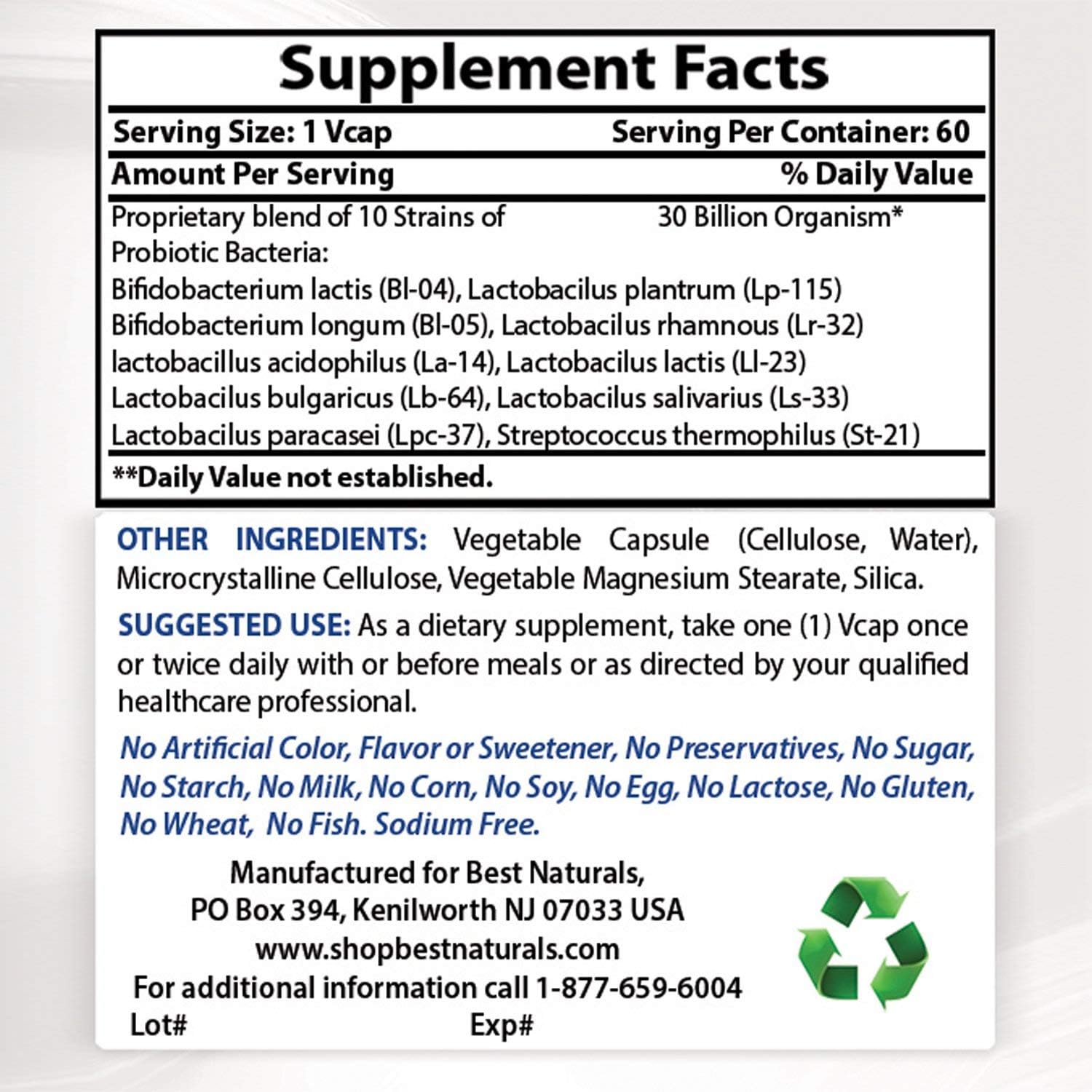 High Potency Probiotic with 10 Strains & 30 Billion CFU for Intestinal Health - 60 Veggie Capsules