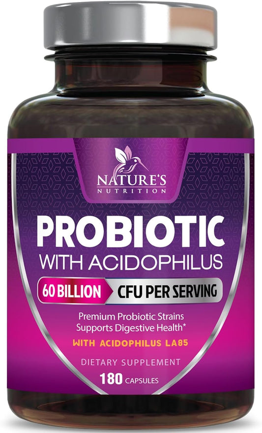 High Potency Probiotic with Prebiotics for Immune & Gut Health - 60 Billion CFU, 10 Strains - Supports Digestion, Constipation & Bloating - 180 Capsules