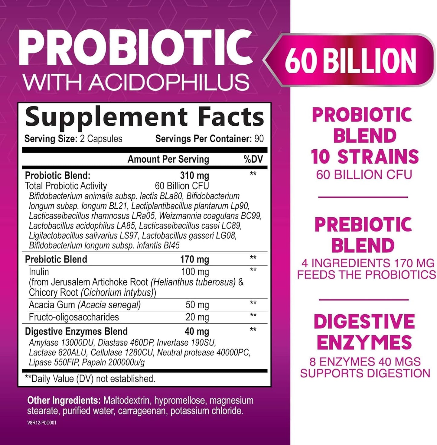 High Potency Probiotic with Prebiotics for Immune & Gut Health - 60 Billion CFU, 10 Strains - Supports Digestion, Constipation & Bloating - 180 Capsules