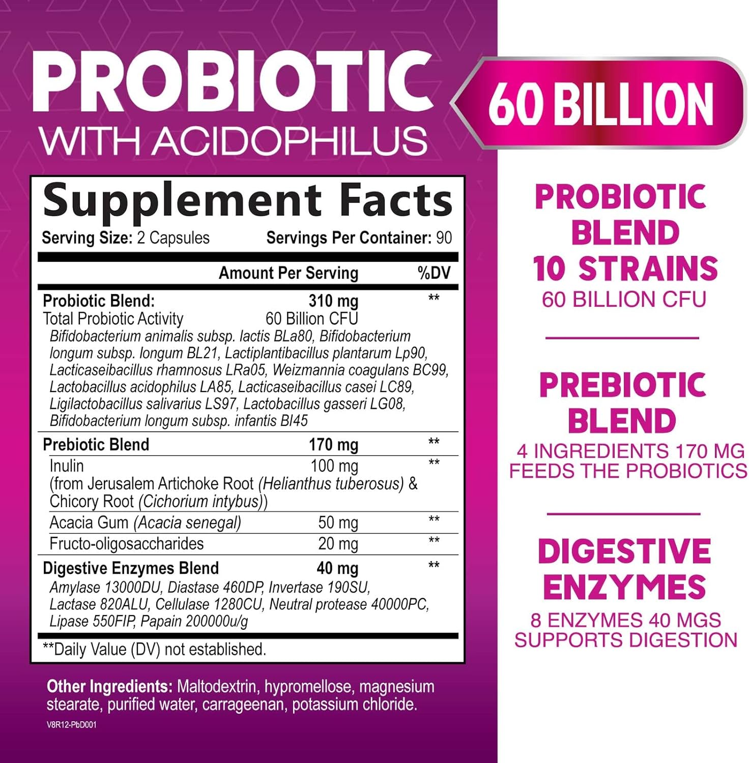 High Potency Probiotic with Prebiotics for Immune & Gut Health - 60 Billion CFU, 10 Strains - Supports Digestion, Constipation & Bloating - 180 Capsules