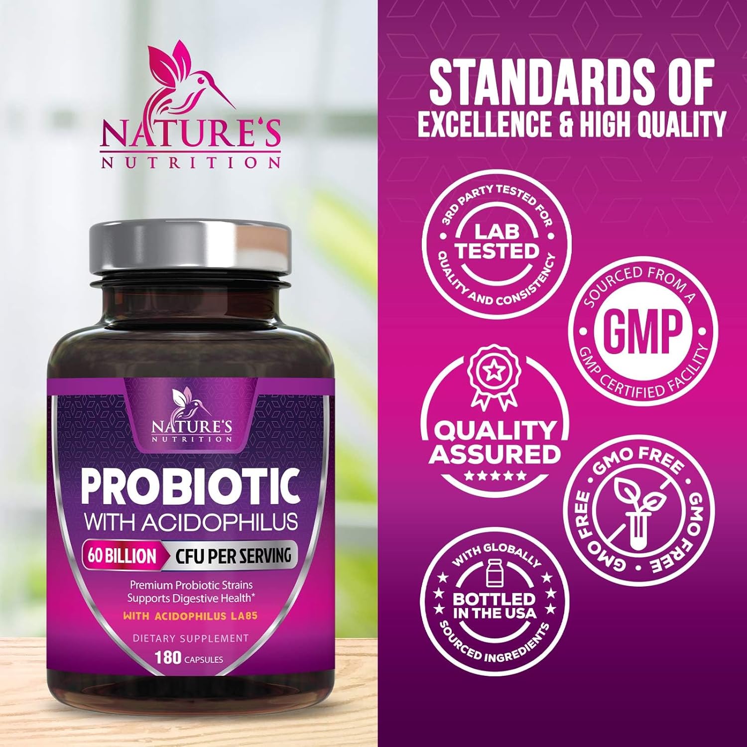 High Potency Probiotic with Prebiotics for Immune & Gut Health - 60 Billion CFU, 10 Strains - Supports Digestion, Constipation & Bloating - 180 Capsules