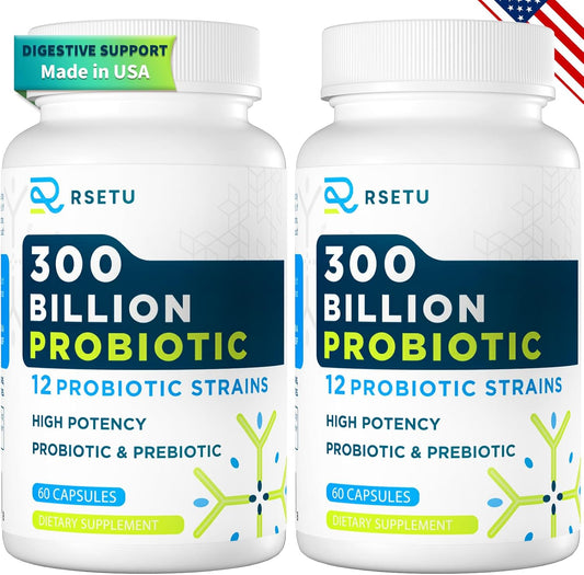 High Potency Probiotics for Digestive Health - 300 Billion CFU, 12 Strains + 3 Prebiotics - 120 Capsules