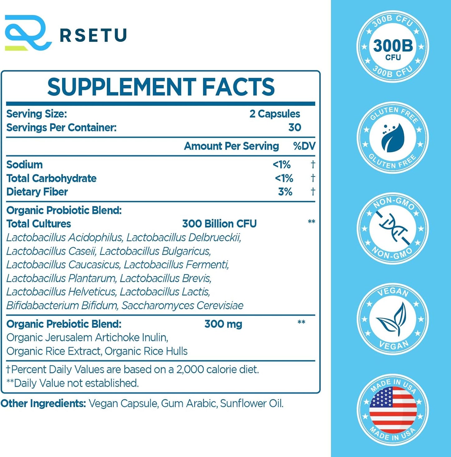 High Potency Probiotics for Digestive Health - 300 Billion CFU, 12 Strains + 3 Prebiotics - 120 Capsules
