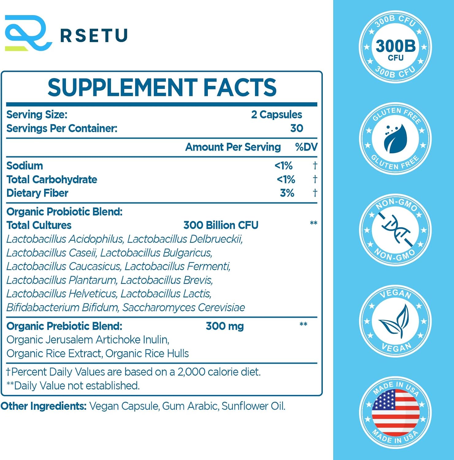 High Potency Probiotics for Digestive Health - 300 Billion CFU, 12 Strains + 3 Prebiotics - 120 Capsules