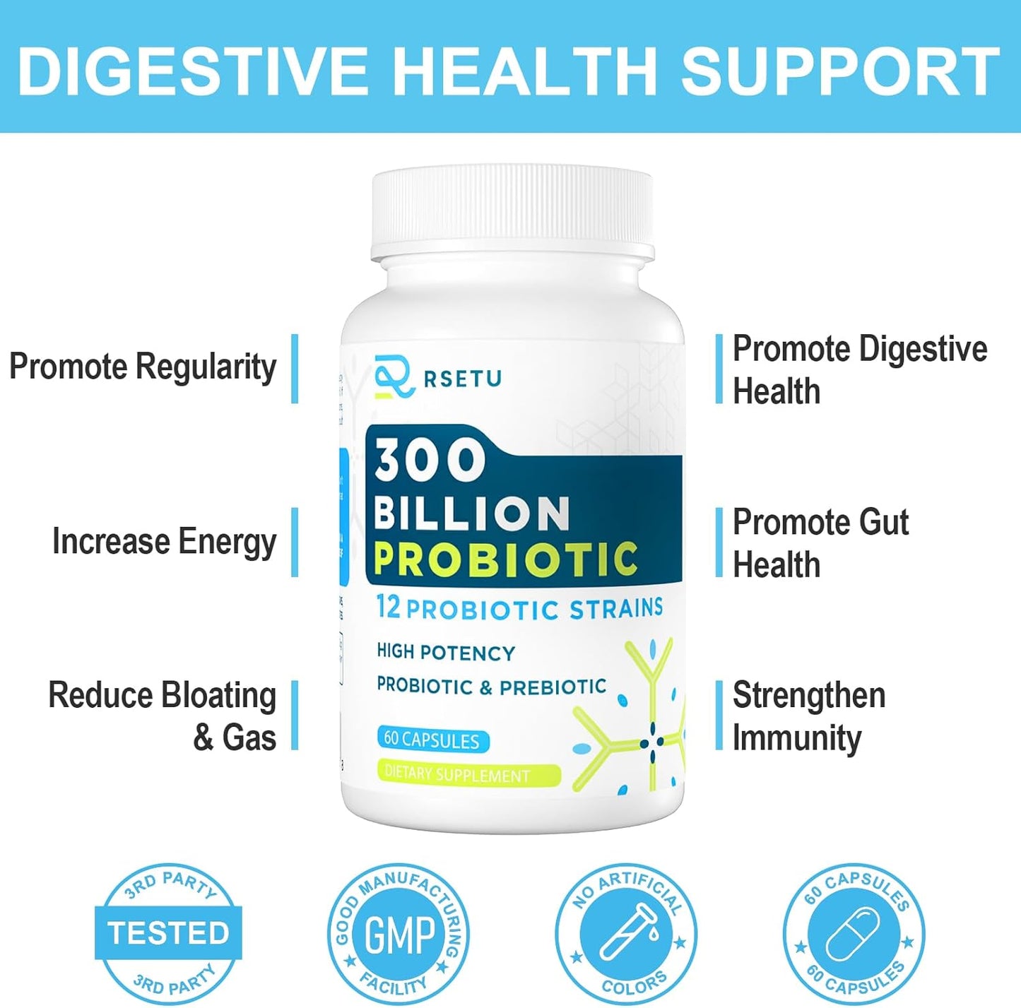High Potency Probiotics for Digestive Health - 300 Billion CFU, 12 Strains + 3 Prebiotics - 120 Capsules