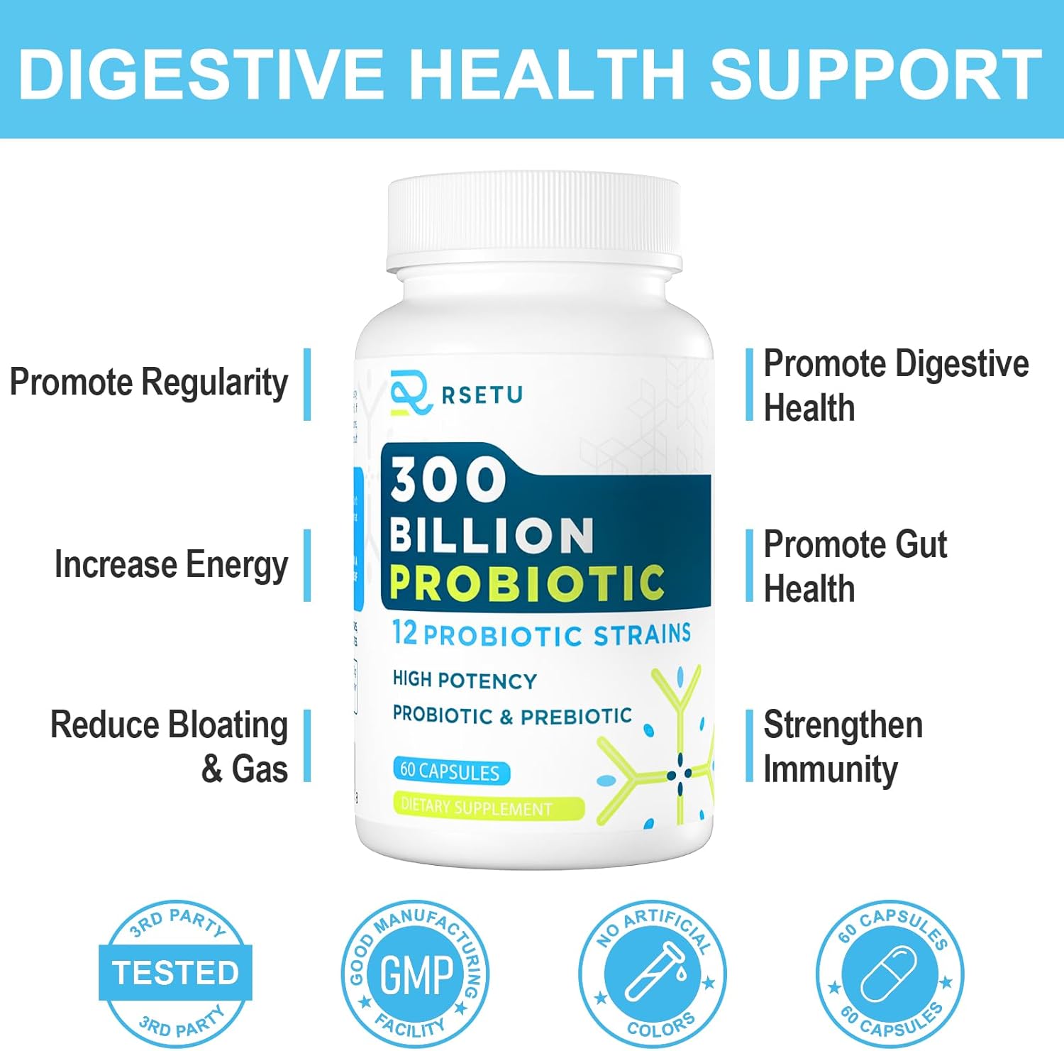 High Potency Probiotics for Digestive Health - 300 Billion CFU, 12 Strains + 3 Prebiotics - 120 Capsules