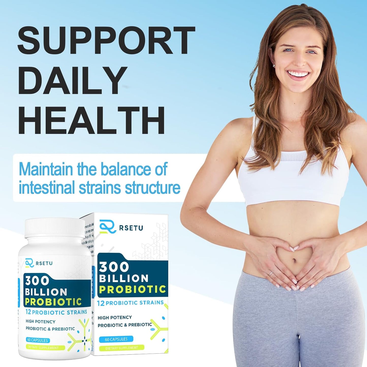 High Potency Probiotics for Digestive Health - 300 Billion CFU, 12 Strains + 3 Prebiotics - 120 Capsules