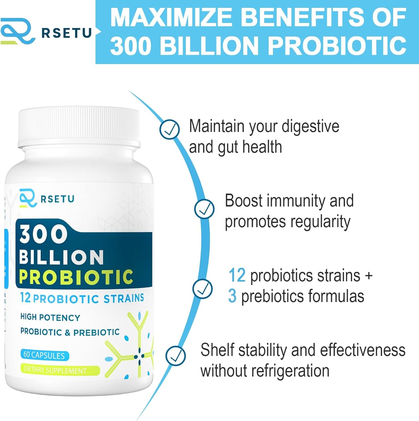 High Potency Probiotics for Digestive Health - 300 Billion CFU, 12 Strains + 3 Prebiotics - 120 Capsules