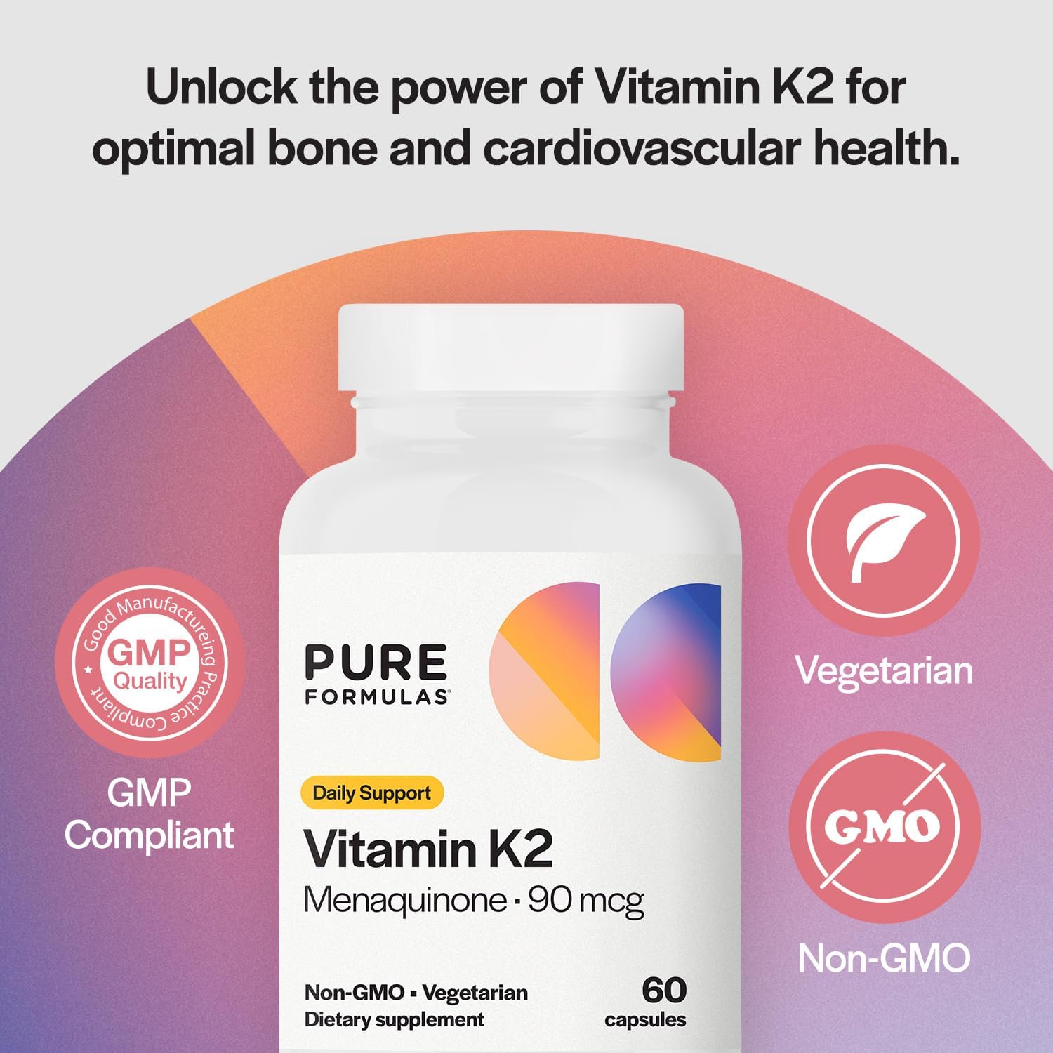 High Potency PureFormulas Vitamin K2 MK7 (Menaquinone-7) 90mcg Capsules for Bone & Cardiovascular Support - 60 Day Supply