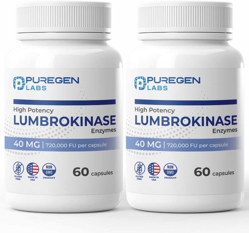 High Potency Puregen Labs Lumbrokinase 40mg Capsules | Enzyme Supplement | Non-GMO & Gluten Free | 120 Capsules
