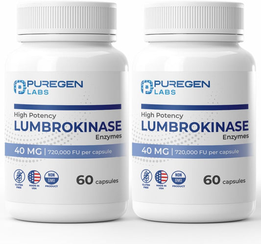 High Potency Puregen Labs Lumbrokinase 40mg Capsules | Enzyme Supplement | Non-GMO & Gluten Free | 120 Capsules