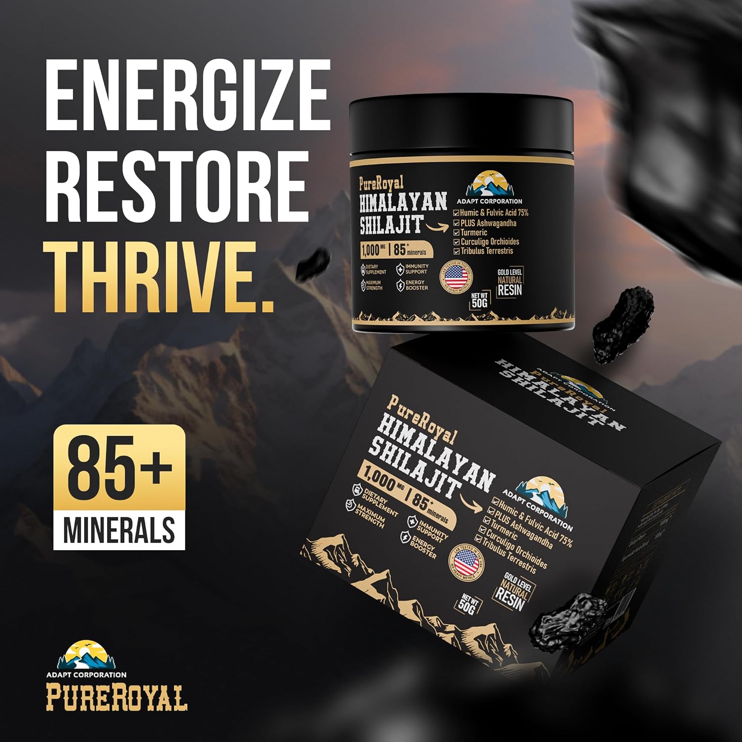 High Potency PureRoyal Himalayan Shilajit Resin with 1100 MG Extract, 75%+ Fulvic Acid - Energy, Wellness, Immunity Support - 85+ Trace Minerals - Lab Tested - 50g Jar, 46 Servings