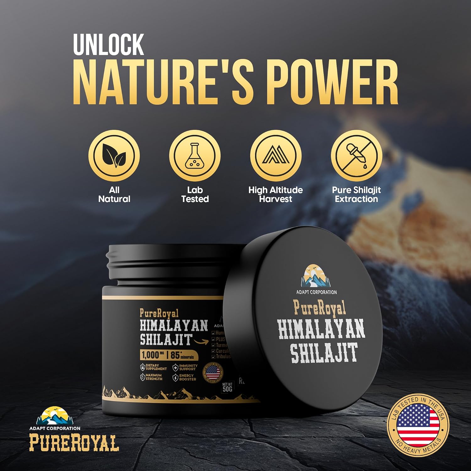 High Potency PureRoyal Himalayan Shilajit Resin with 1100 MG Extract, 75%+ Fulvic Acid - Energy, Wellness, Immunity Support - 85+ Trace Minerals - Lab Tested - 50g Jar, 46 Servings