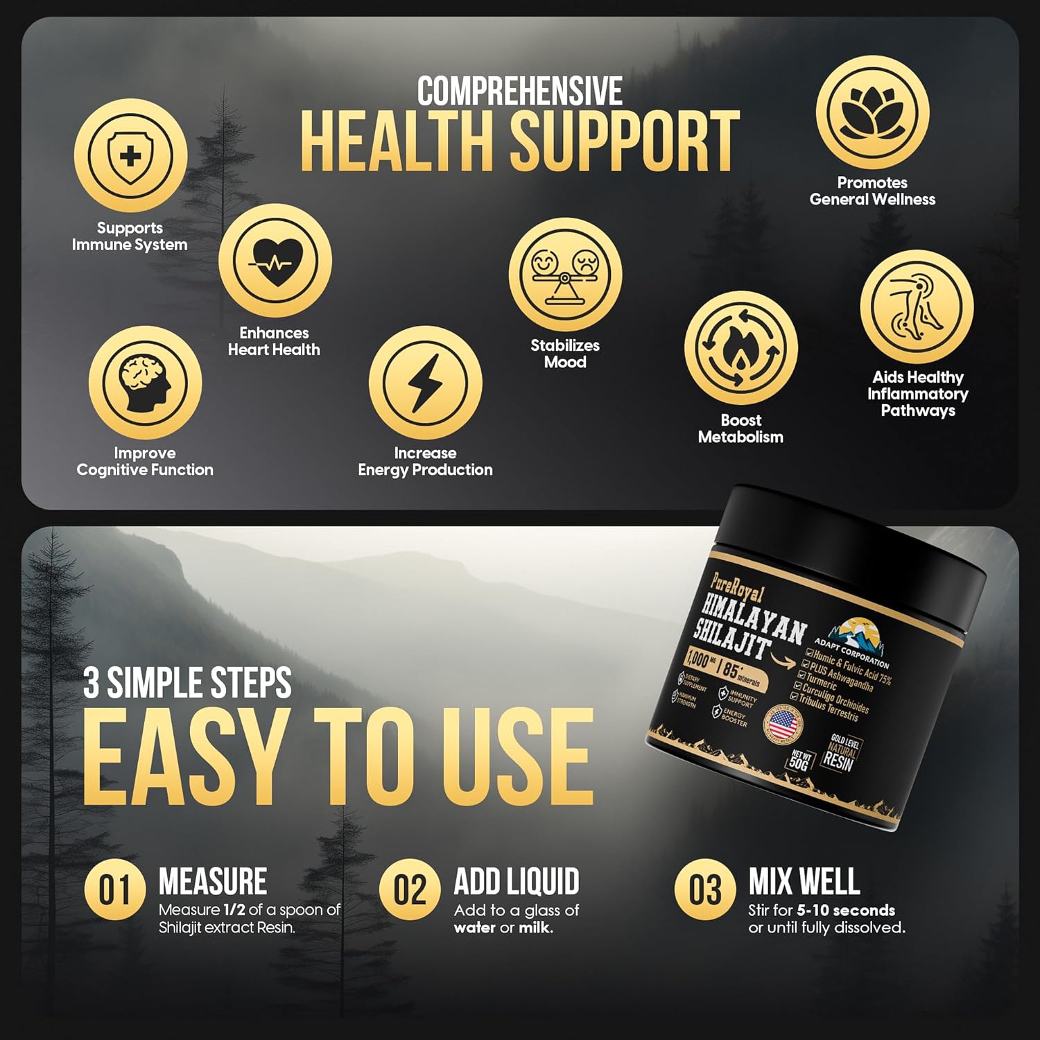 High Potency PureRoyal Himalayan Shilajit Resin with 1100 MG Extract, 75%+ Fulvic Acid - Energy, Wellness, Immunity Support - 85+ Trace Minerals - Lab Tested - 50g Jar, 46 Servings