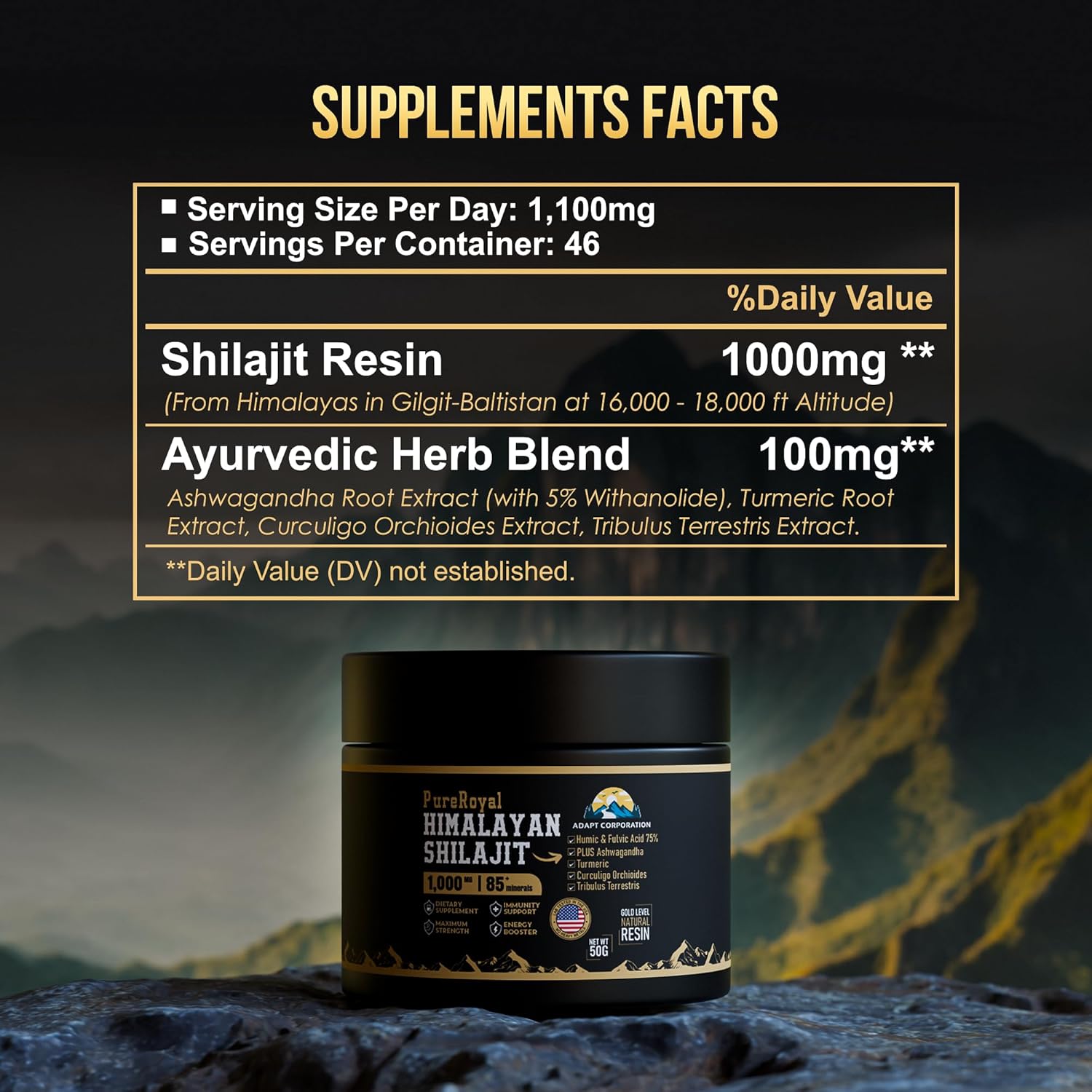High Potency PureRoyal Himalayan Shilajit Resin with 1100 MG Extract, 75%+ Fulvic Acid - Energy, Wellness, Immunity Support - 85+ Trace Minerals - Lab Tested - 50g Jar, 46 Servings