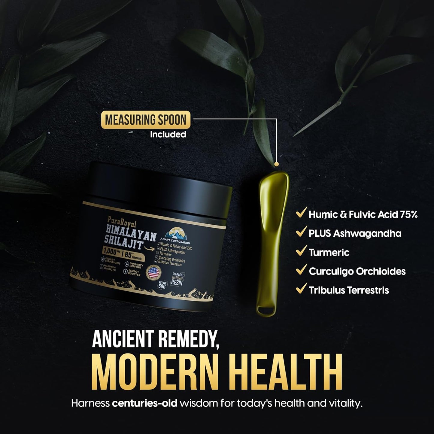 High Potency PureRoyal Himalayan Shilajit Resin with 1100 MG Extract, 75%+ Fulvic Acid - Energy, Wellness, Immunity Support - 85+ Trace Minerals - Lab Tested - 50g Jar, 46 Servings