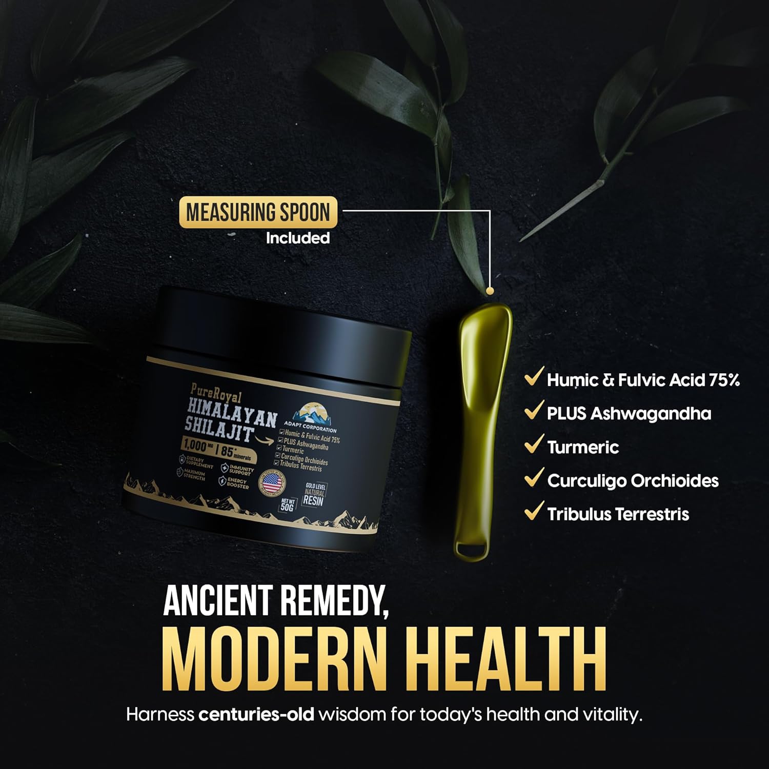 High Potency PureRoyal Himalayan Shilajit Resin with 1100 MG Extract, 75%+ Fulvic Acid - Energy, Wellness, Immunity Support - 85+ Trace Minerals - Lab Tested - 50g Jar, 46 Servings