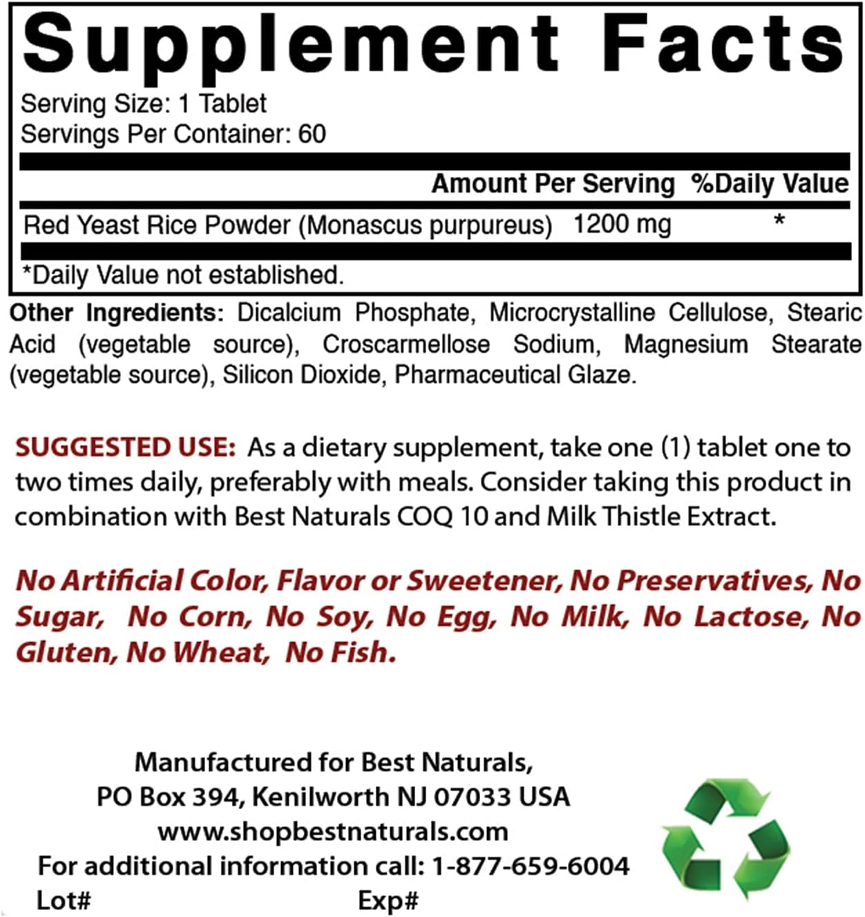 High Potency Red Yeast Rice and COQ10 Supplement - 1200mg & 100mg for Heart Health