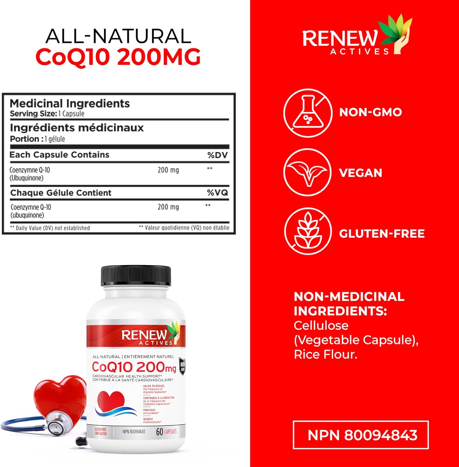 High Potency Renew Actives CoQ10 Ubiquinone Supplement: 200mg for Cardiovascular Health, Migraine Relief, Immune System Boost & Energy - Antioxidant Support - 60 Capsules