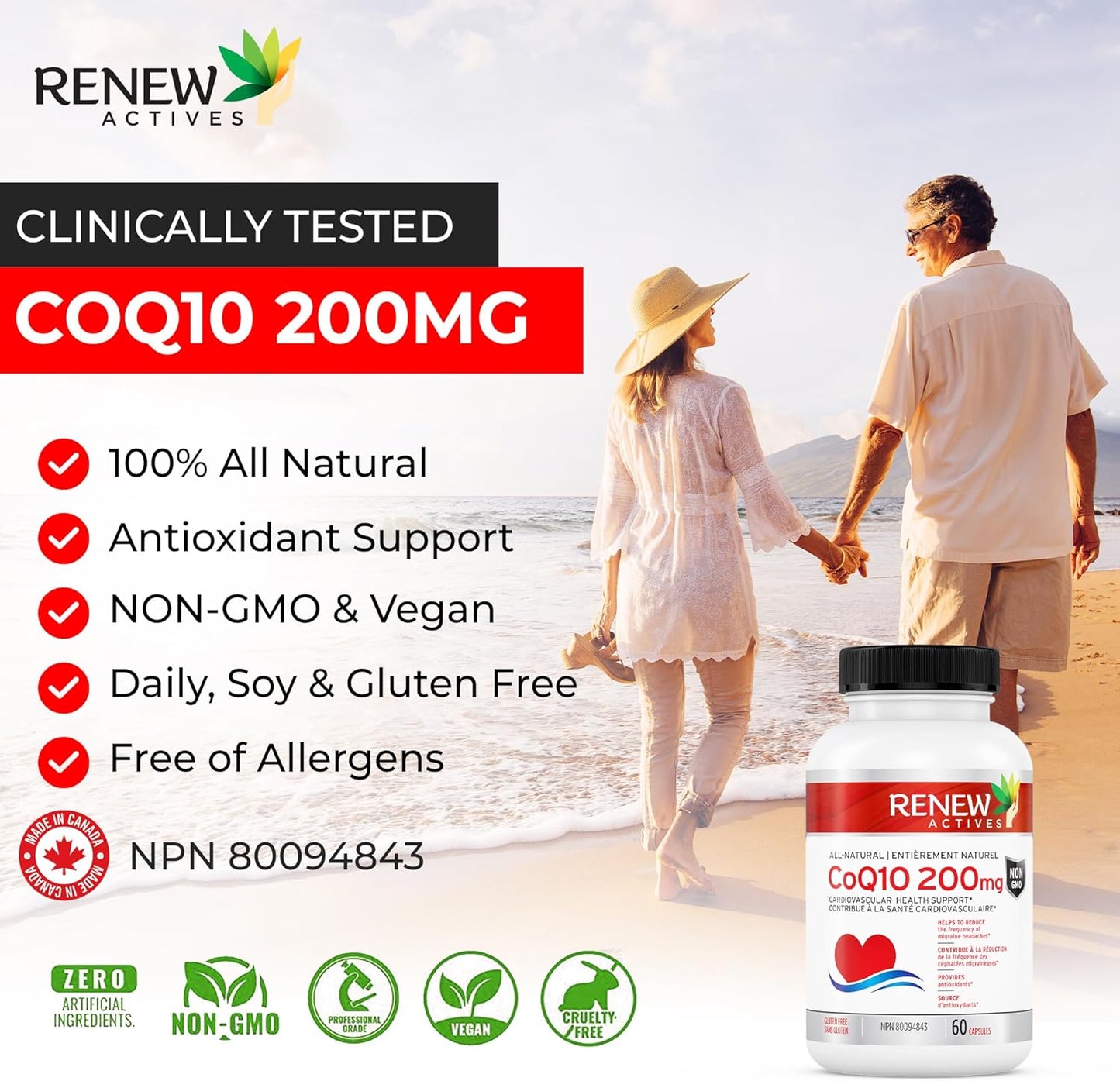 High Potency Renew Actives CoQ10 Ubiquinone Supplement: 200mg for Cardiovascular Health, Migraine Relief, Immune System Boost & Energy - Antioxidant Support - 60 Capsules