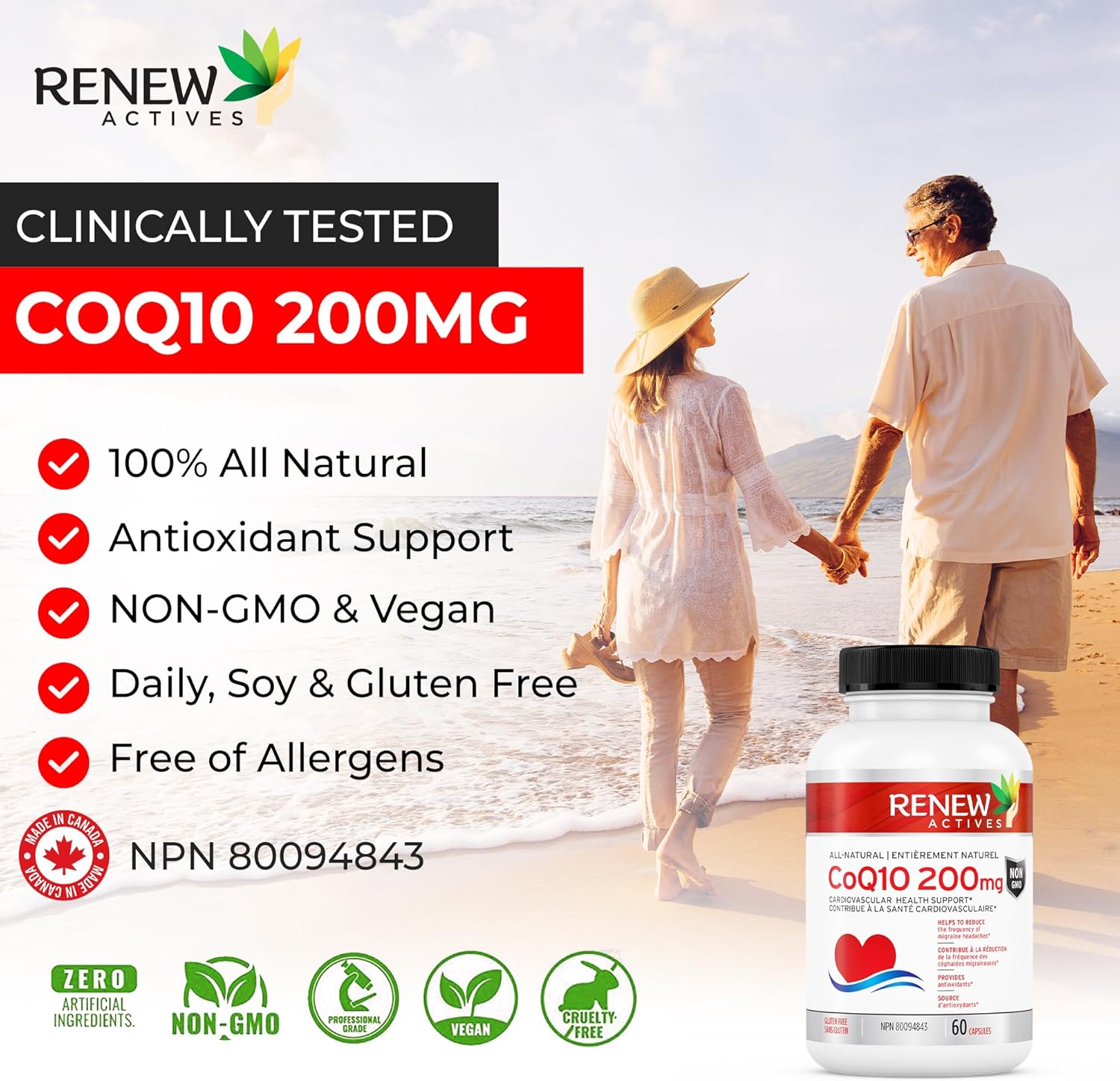 High Potency Renew Actives CoQ10 Ubiquinone Supplement: 200mg for Cardiovascular Health, Migraine Relief, Immune System Boost & Energy - Antioxidant Support - 60 Capsules