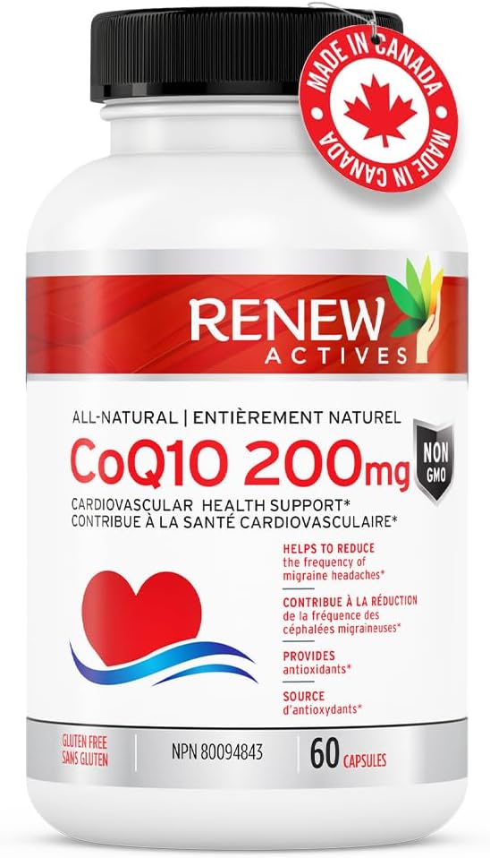 High Potency Renew Actives CoQ10 Ubiquinone Supplement: 200mg for Cardiovascular Health, Migraine Relief, Immune System Boost & Energy - Antioxidant Support - 60 Capsules