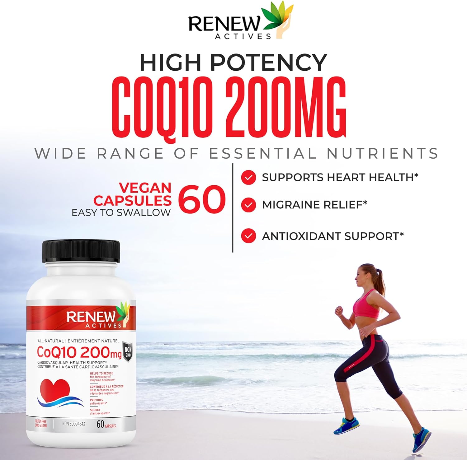 High Potency Renew Actives CoQ10 Ubiquinone Supplement: 200mg for Cardiovascular Health, Migraine Relief, Immune System Boost & Energy - Antioxidant Support - 60 Capsules