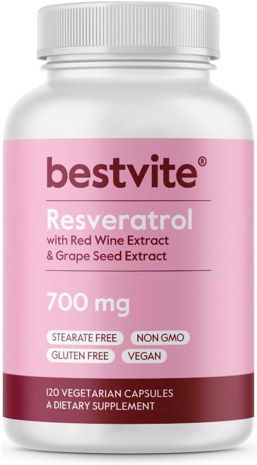 High Potency Resveratrol 700mg Capsules with Red Wine & Grape Seed Extracts - 120 Vegetarian Capsules - Vegan, Non GMO, Gluten Free - Standardized to 50% TransResveratrol - No Stearates