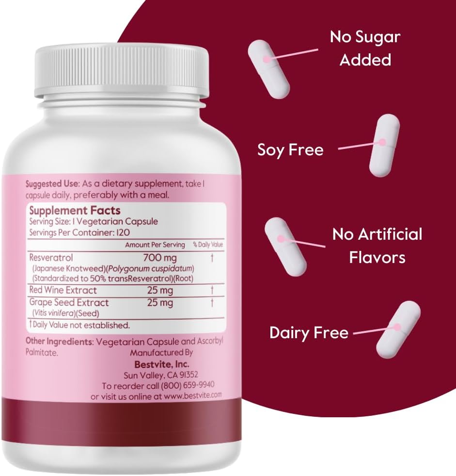 High Potency Resveratrol 700mg Capsules with Red Wine & Grape Seed Extracts - 120 Vegetarian Capsules - Vegan, Non GMO, Gluten Free - Standardized to 50% TransResveratrol - No Stearates