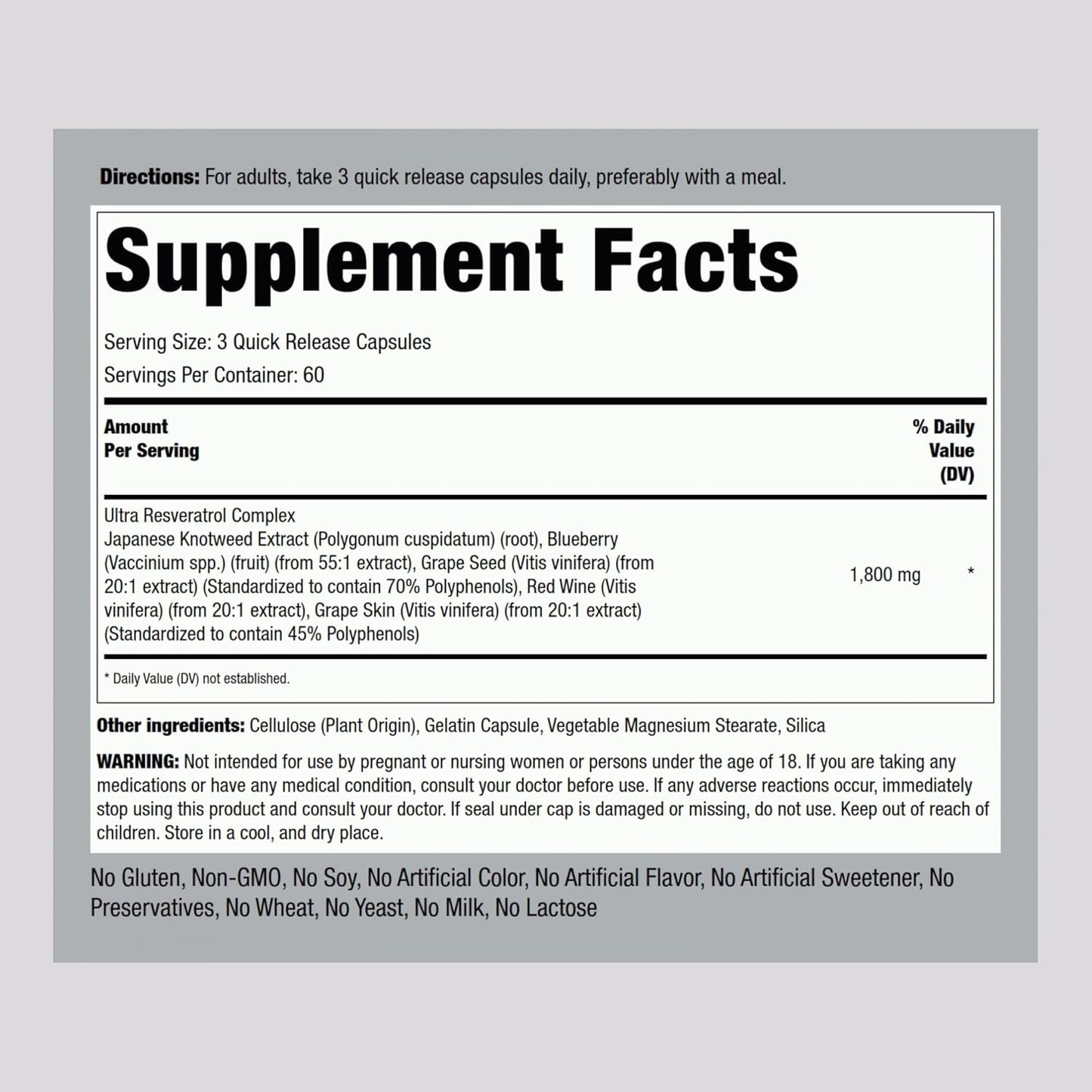 High Potency Resveratrol Complex 1800 mg Capsules with Grape Seed Extract | Non-GMO, Gluten Free - 180 Count