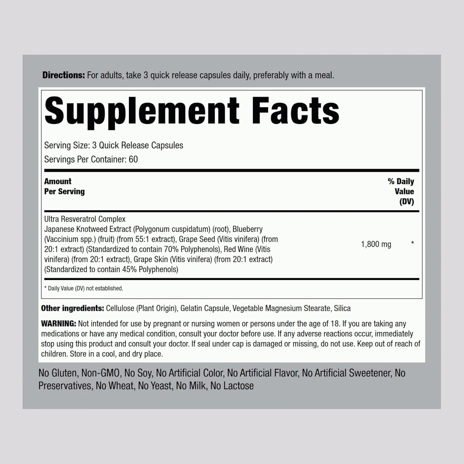 High Potency Resveratrol Complex 1800 mg Capsules with Grape Seed Extract | Non-GMO, Gluten Free - 180 Count