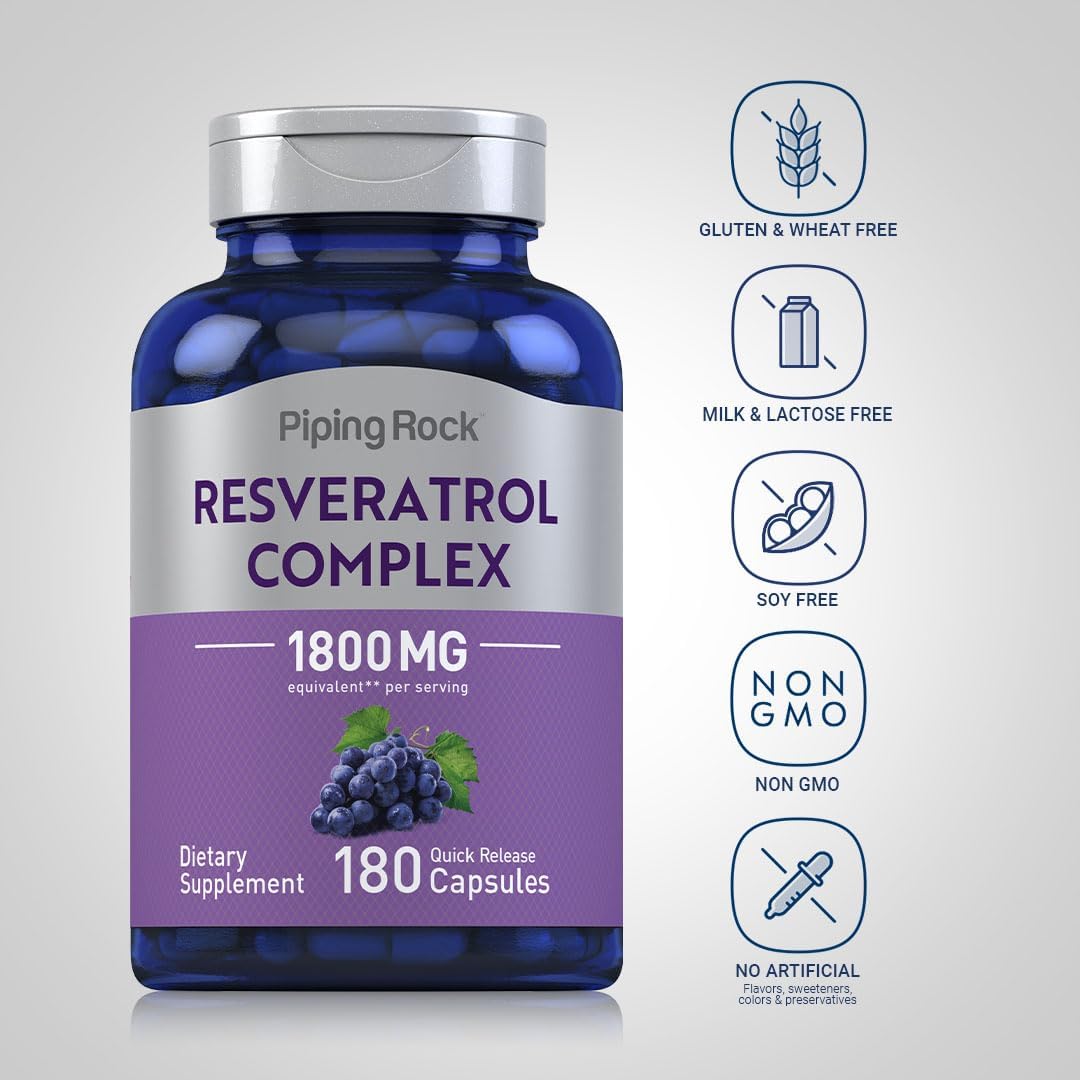 High Potency Resveratrol Complex 1800 mg Capsules with Grape Seed Extract | Non-GMO, Gluten Free - 180 Count