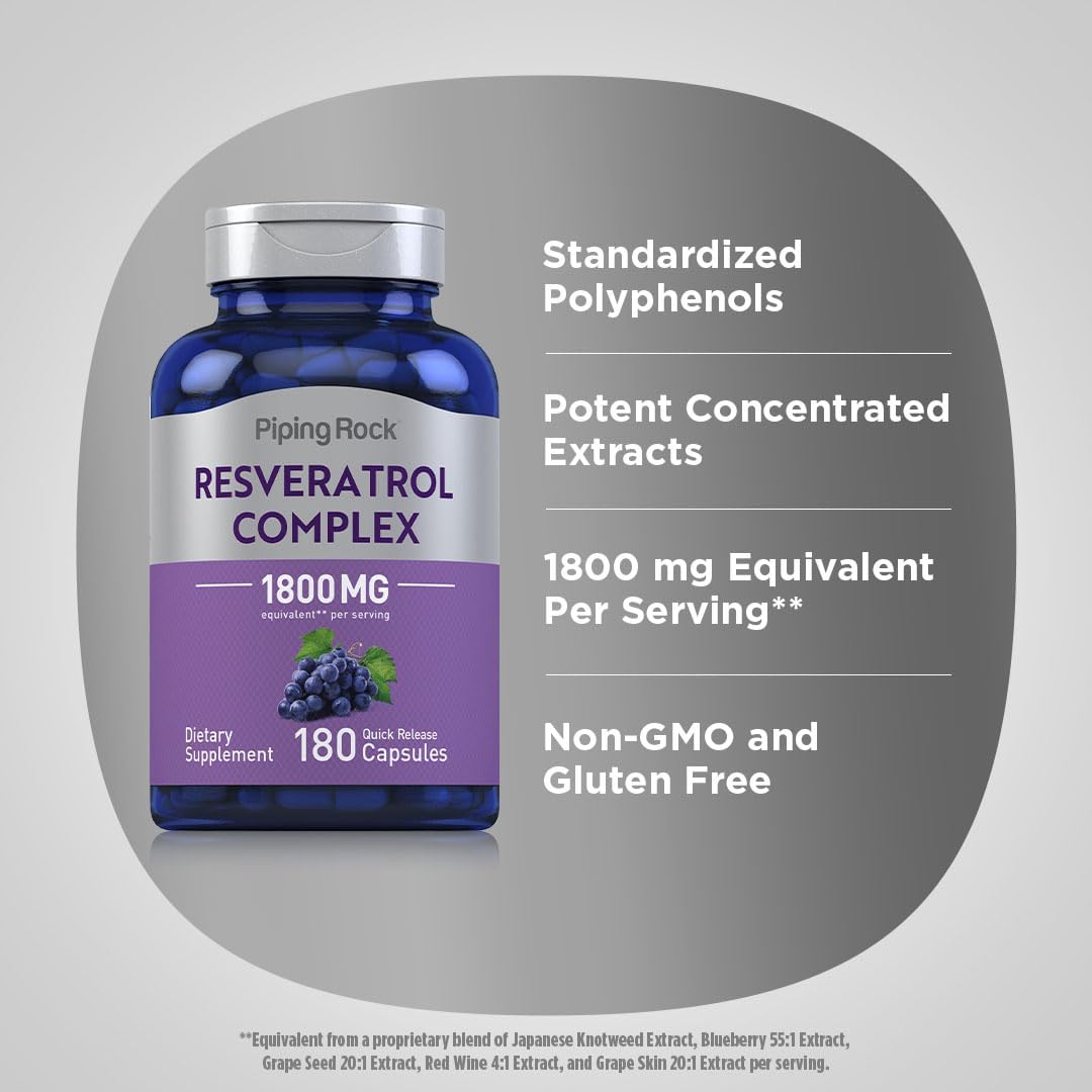 High Potency Resveratrol Complex 1800 mg Capsules with Grape Seed Extract | Non-GMO, Gluten Free - 180 Count