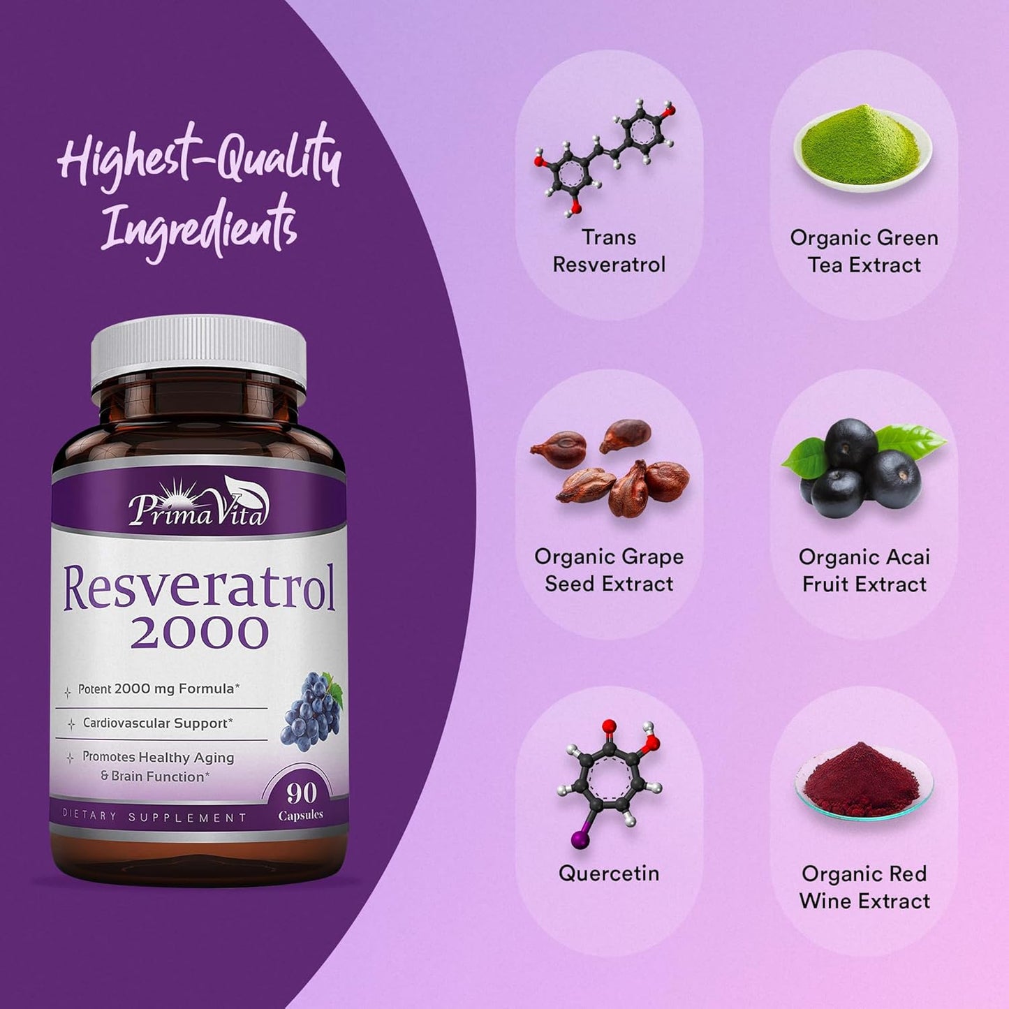 High Potency Resveratrol & Grape Seed Extract Capsules with Quercetin - Immunity Support Antioxidant Supplement (90ct)