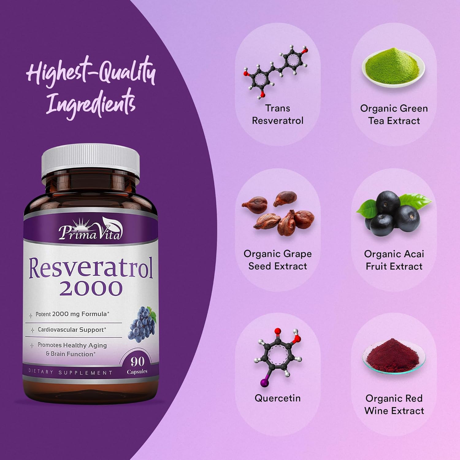 High Potency Resveratrol & Grape Seed Extract Capsules with Quercetin - Immunity Support Antioxidant Supplement (90ct)