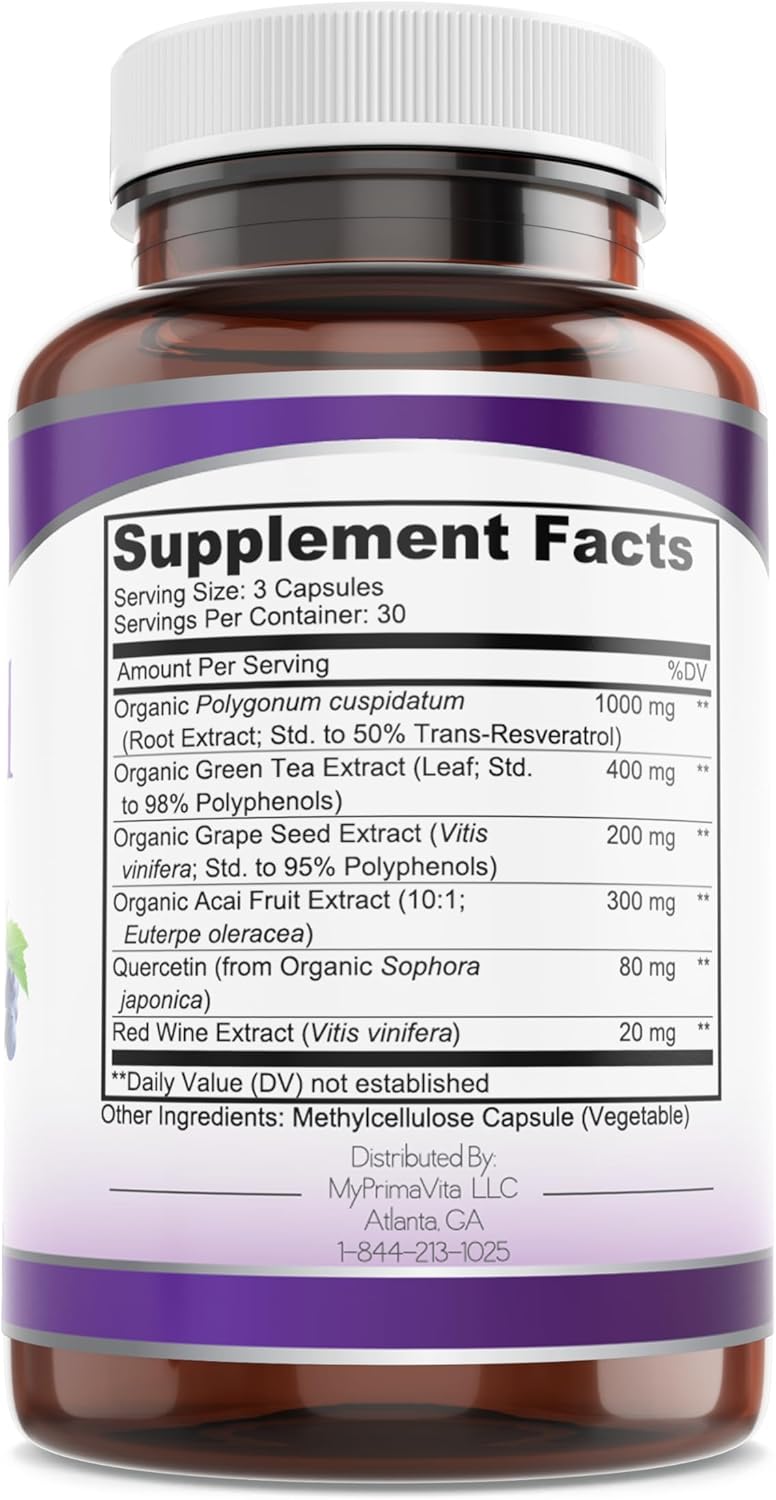 High Potency Resveratrol & Grape Seed Extract Capsules with Quercetin - Immunity Support Antioxidant Supplement (90ct)