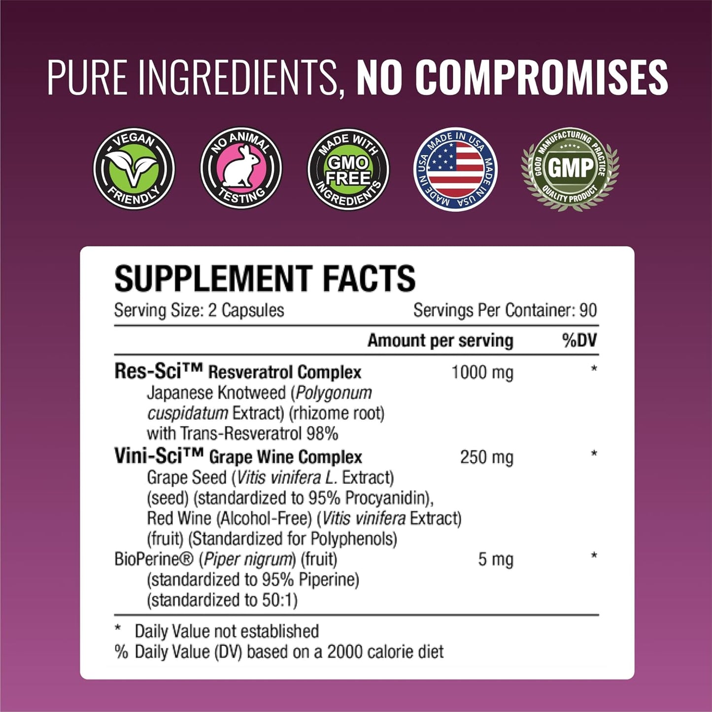 High Potency Resveratrol Supplement - 1000mg Trans Resveratrol, 250mg Polyphenol, 98% Purity - Includes Bioperine - 380 Vegan Capsules - 2 Bottles