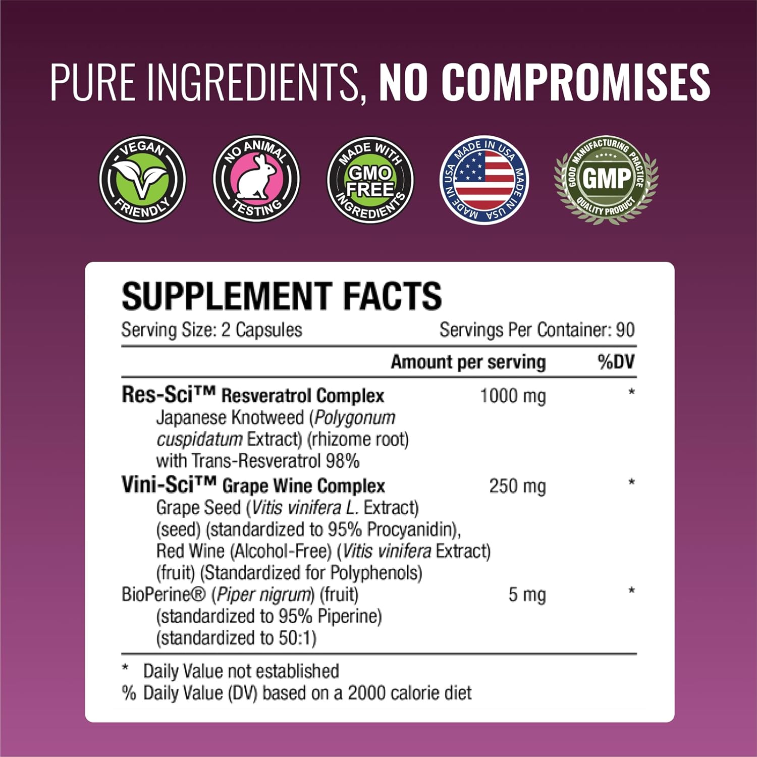 High Potency Resveratrol Supplement - 1000mg Trans Resveratrol, 250mg Polyphenol, 98% Purity - Includes Bioperine - 380 Vegan Capsules - 2 Bottles