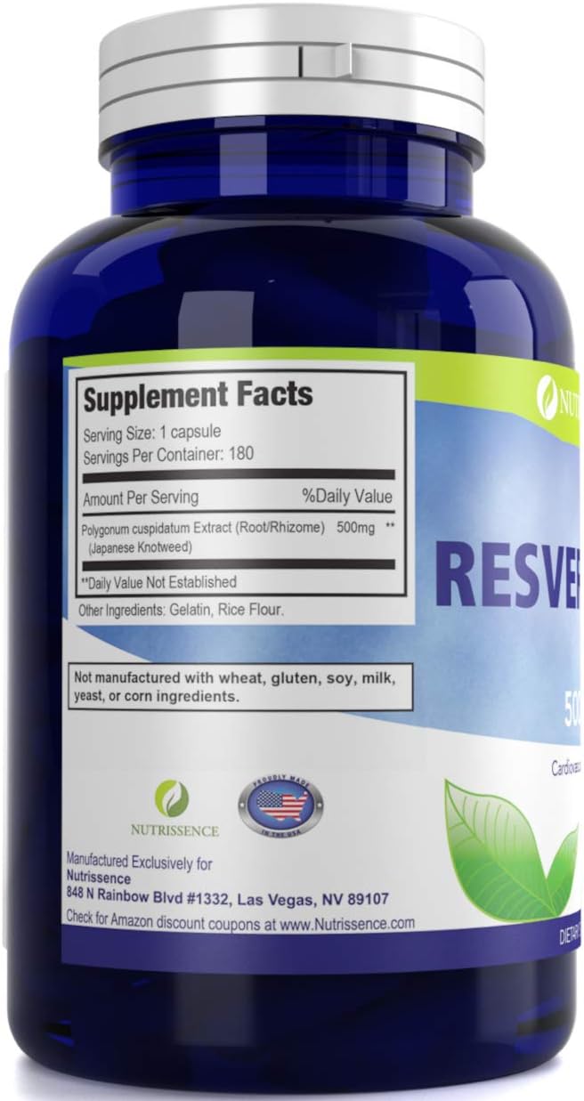 High Potency Resveratrol Supplement - 180 Capsules - Nutrissence - 90 Servings of 1000mg or 60 Servings of 1500mg
