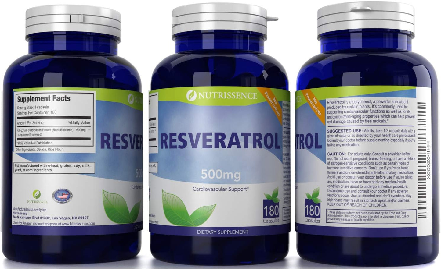 High Potency Resveratrol Supplement - 180 Capsules - Nutrissence - 90 Servings of 1000mg or 60 Servings of 1500mg