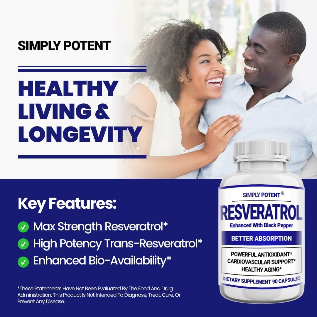 High Potency Resveratrol Supplement with Black Pepper for Enhanced Absorption - 1000mg Trans Resveratrol Capsules for Heart, Immune, and Skin Health - Antioxidant and Anti-Aging Formula - 90 Count