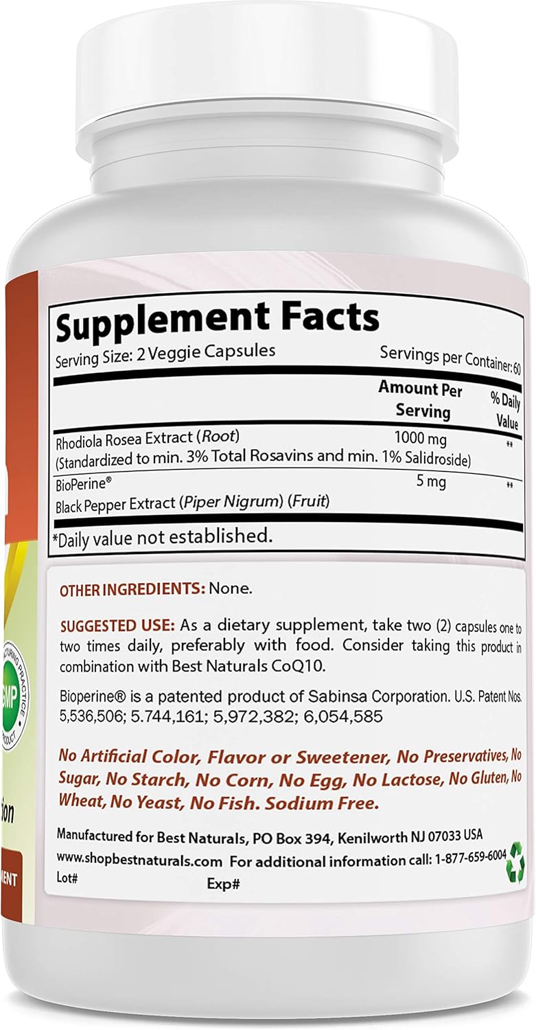 High Potency Rhodiola Rosea with Bioperine - 120 Vegetarian Capsules - 1000mg per Serving