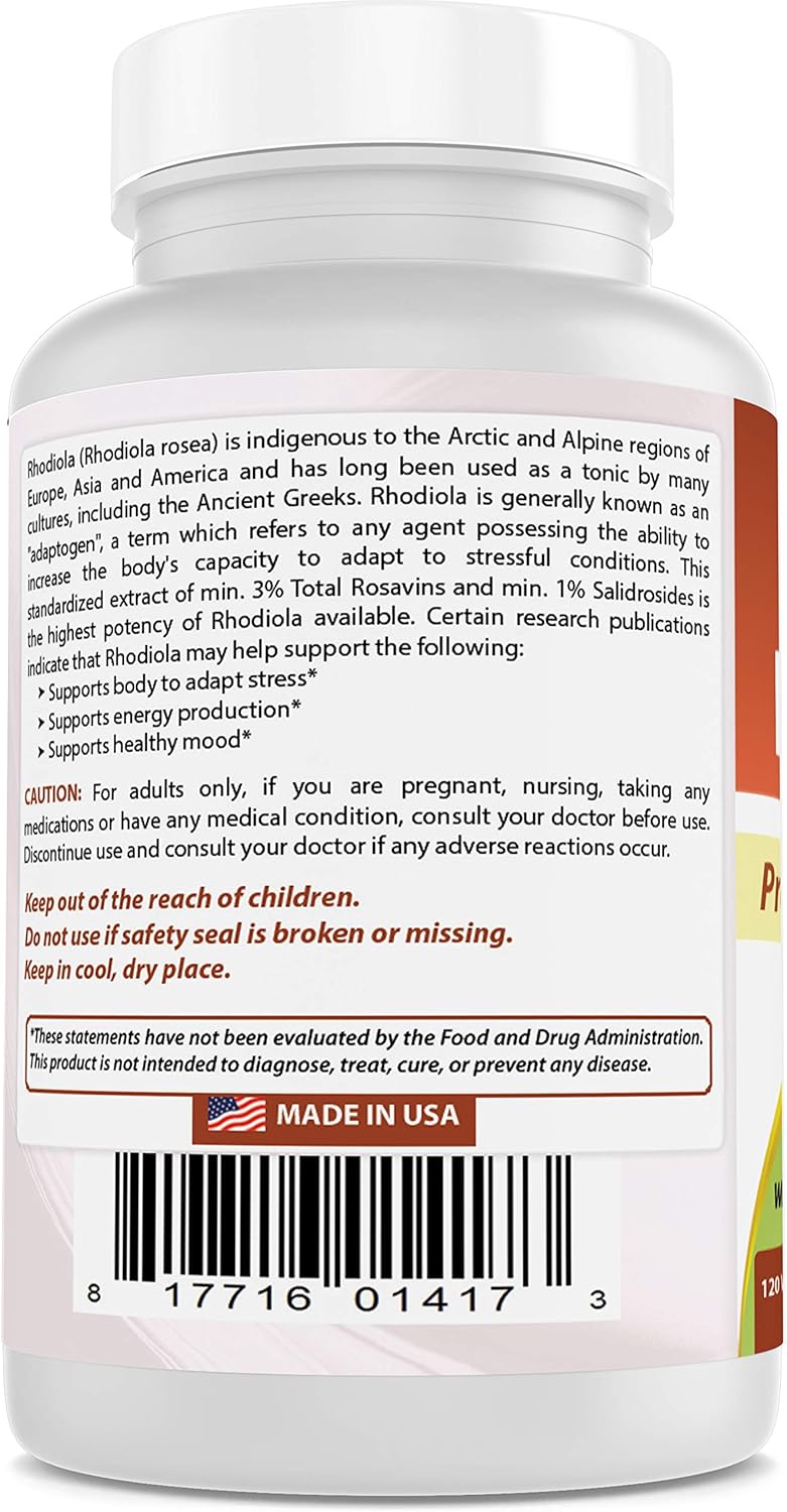 High Potency Rhodiola Rosea with Bioperine - 120 Vegetarian Capsules - 1000mg per Serving