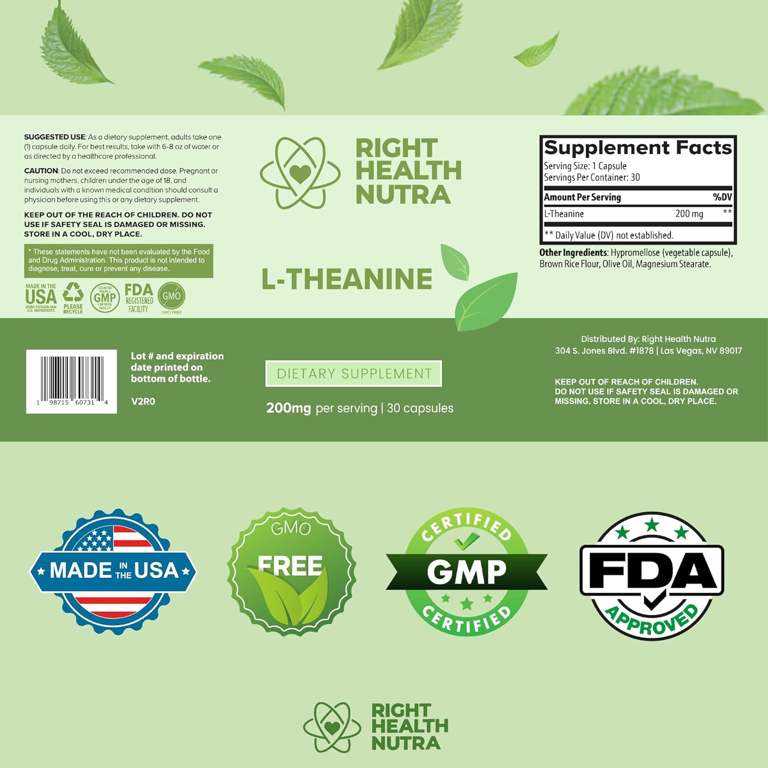 High Potency Right Health Nutra L-Theanine Capsules - 200mg, 30 Count - Premium L Theanine Supplement with Double Strength Formula