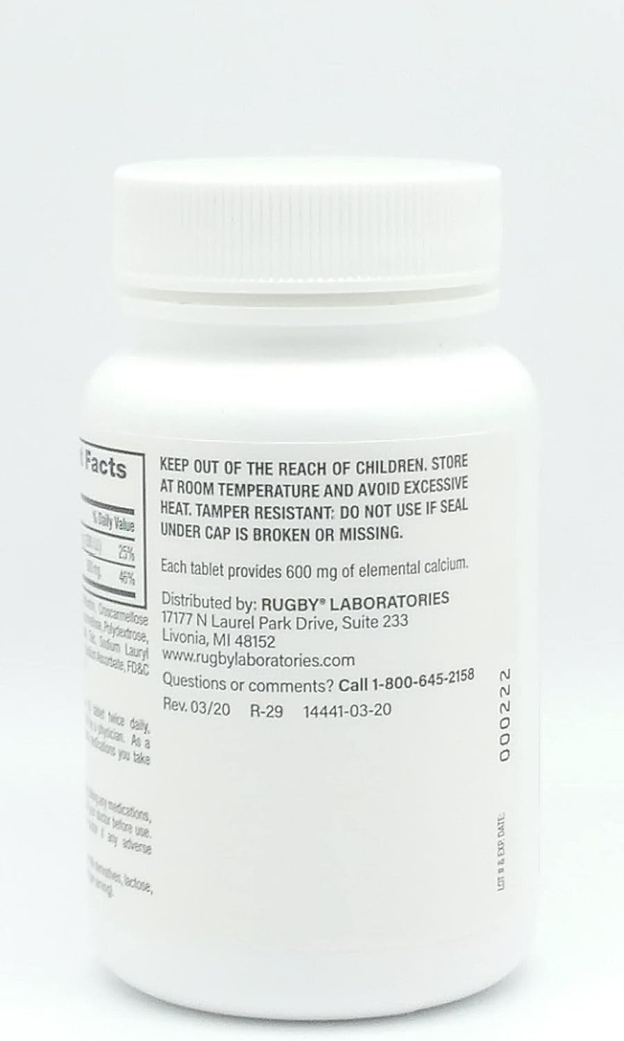 High Potency Rugby Laboratories Calcium 600 mg Supplement with Vitamin D3 - 60 Tablets